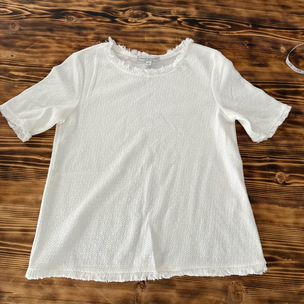 Green Envelope Textured Fringe Trim Pullover Top Small Minimalist Capusule